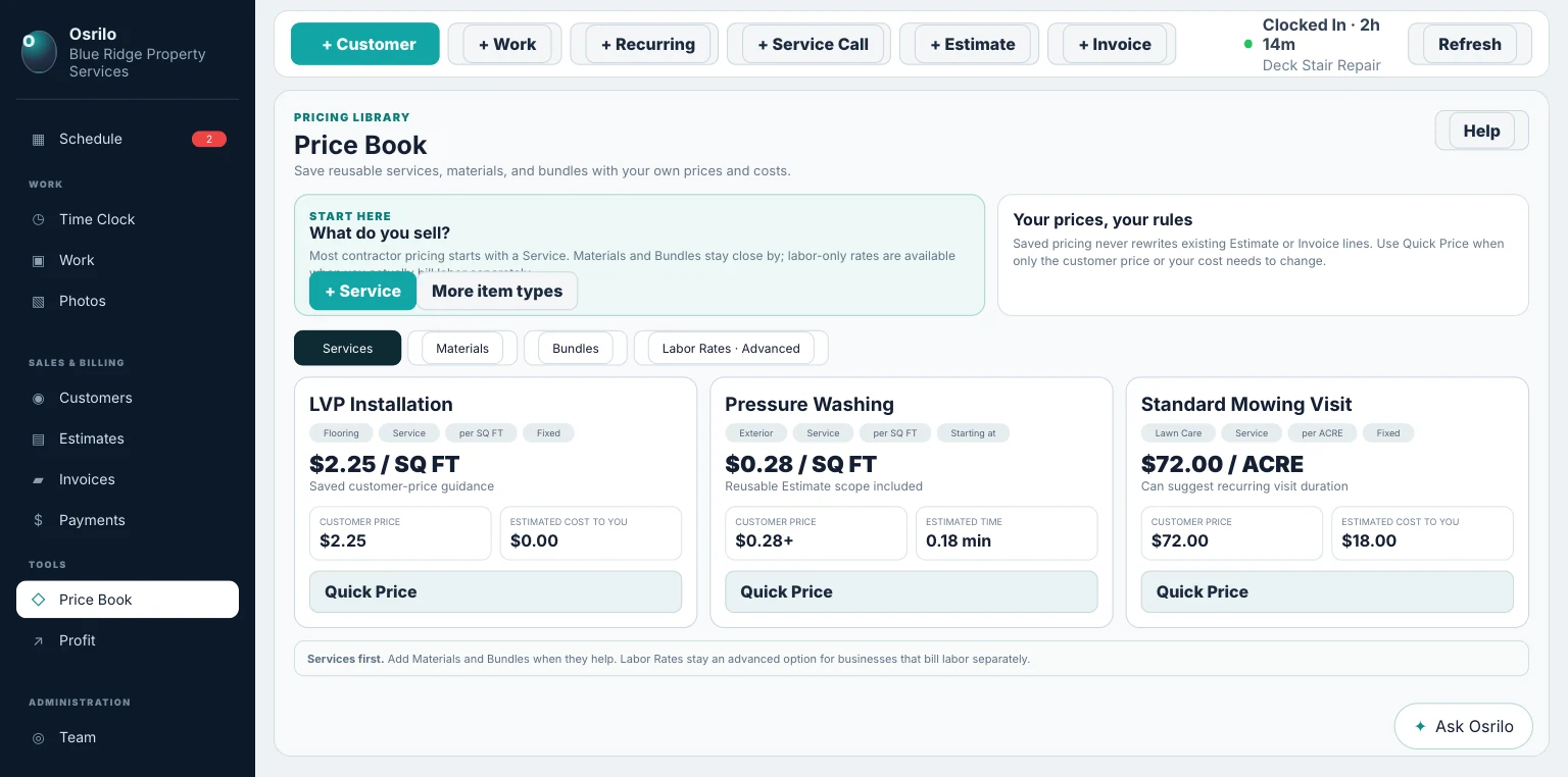 Osrilo Price Book showing Services, Materials, Bundles, Labor Rates, unit pricing, and Quick Price
