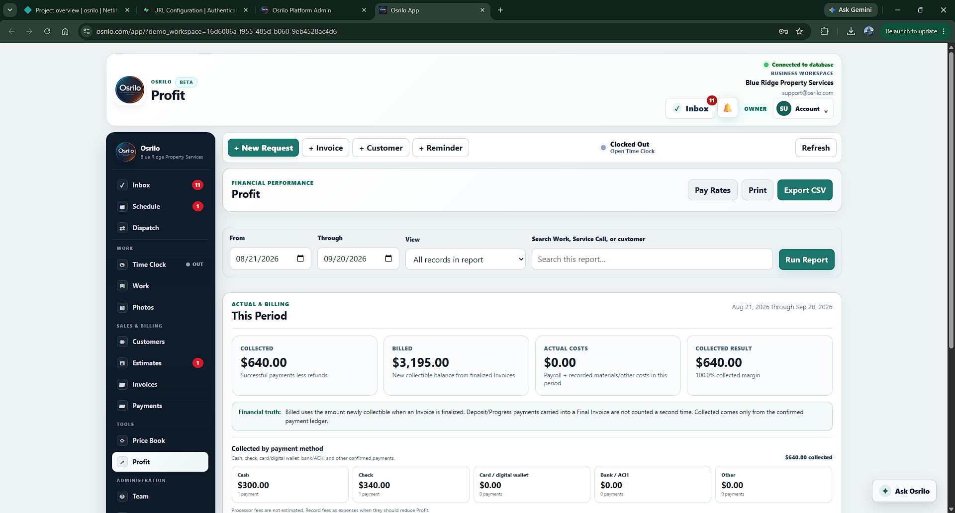 Osrilo Profit report showing collected, billed, actual costs, and payment methods