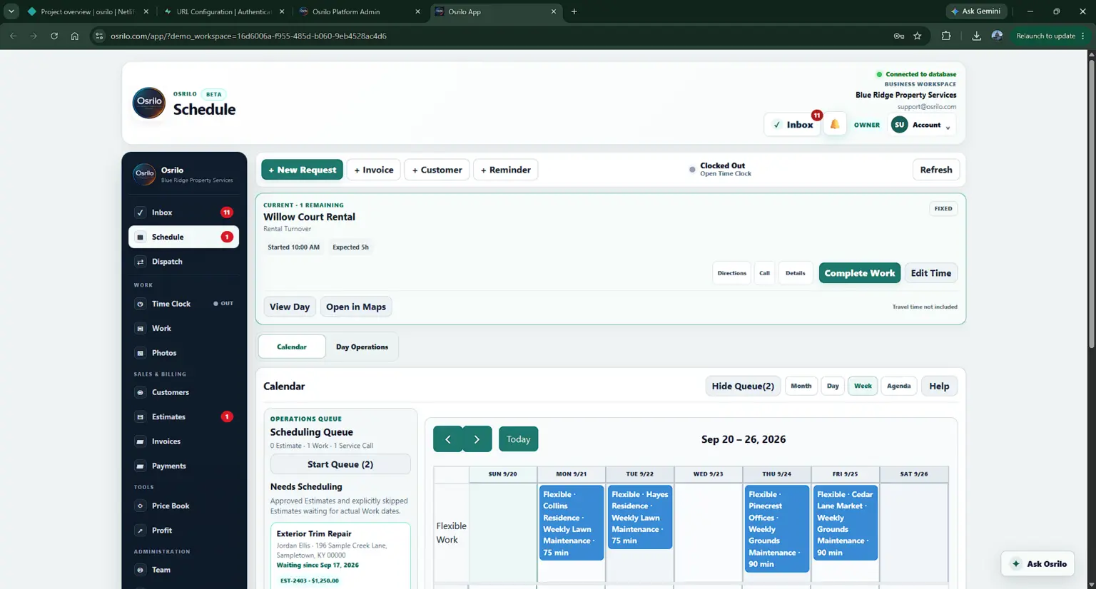 Osrilo Schedule with a calendar of flexible visits using fictional data