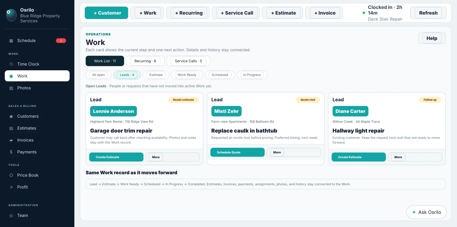 Osrilo Work page with Work List, Recurring, Service Calls, and Leads filter