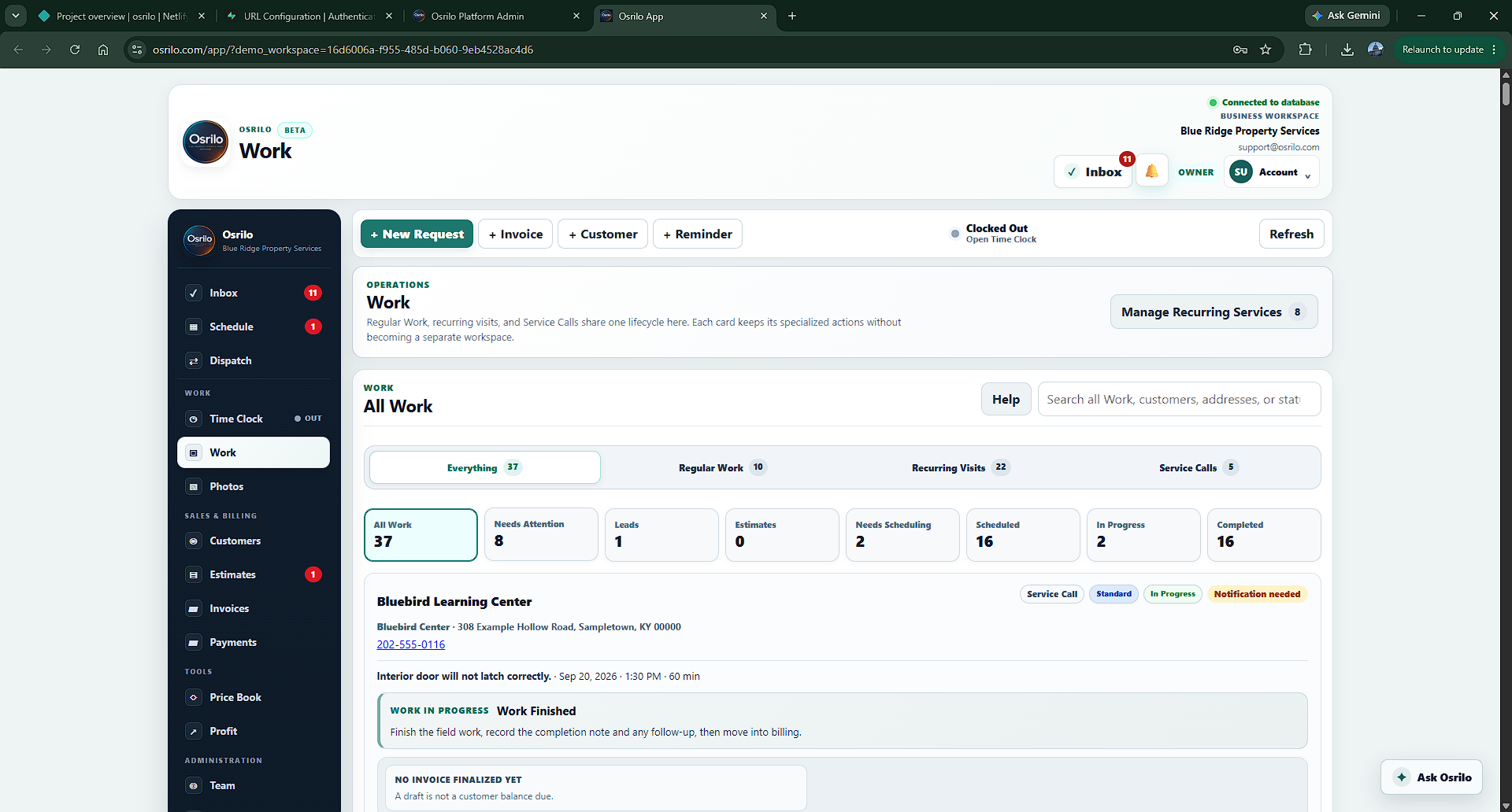 Osrilo unified Work page showing lifecycle and work-type filters