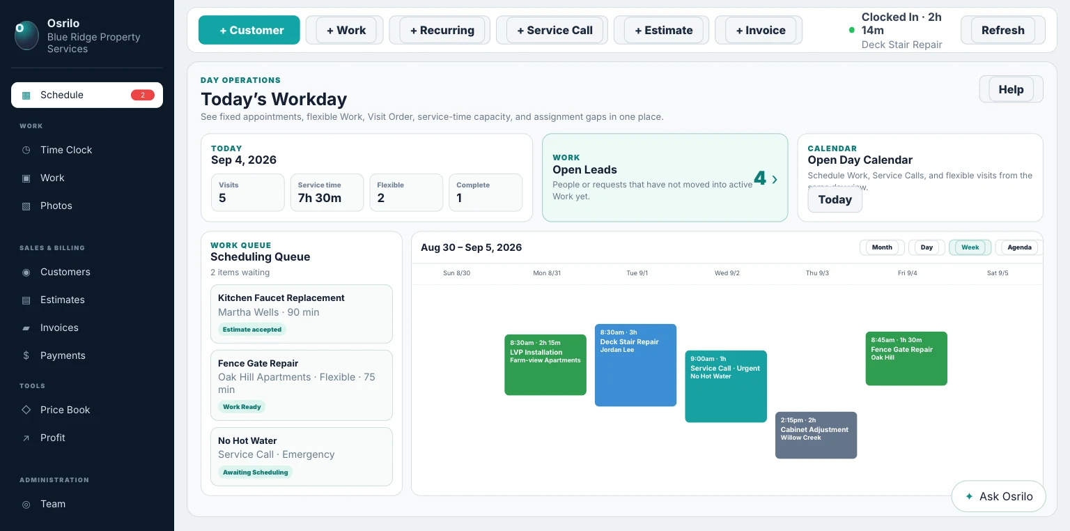 Osrilo Today’s Workday with Open Leads, Scheduling Queue, Calendar, Service Calls, and Ask Osrilo