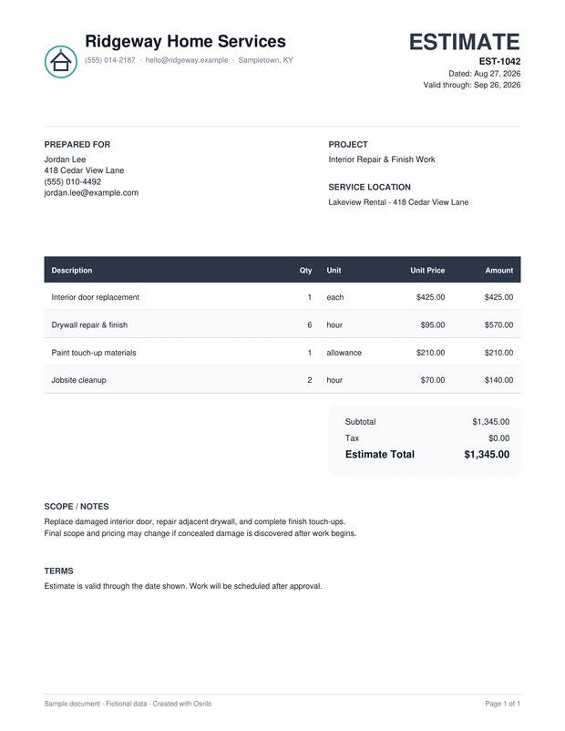 Preview of a contractor Estimate generated by Osrilo using fictional information