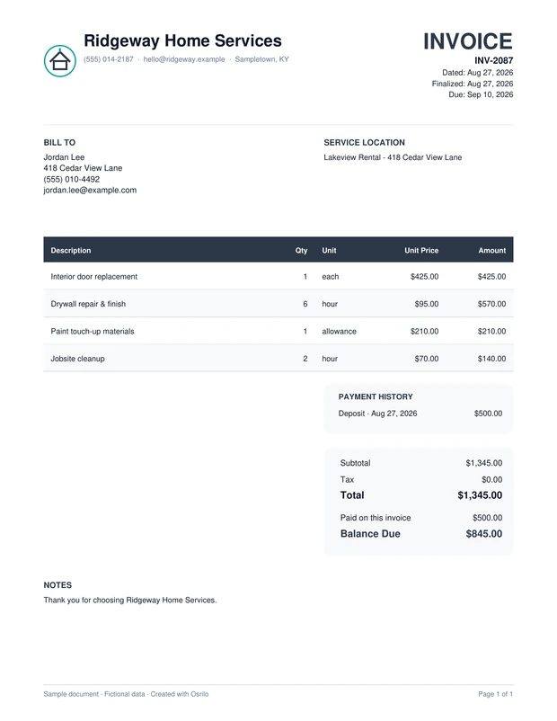 Preview of a fictional Osrilo Invoice document with payment history and balance due